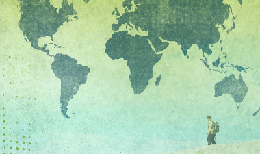 world map overlay on photo of student in Death Valley