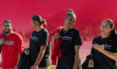 Students walking in Stan State merchandise