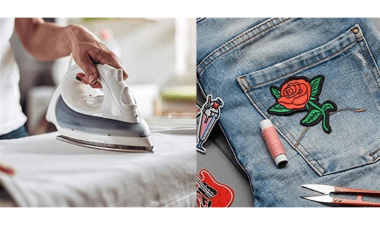 Person ironing a patch onto jeans