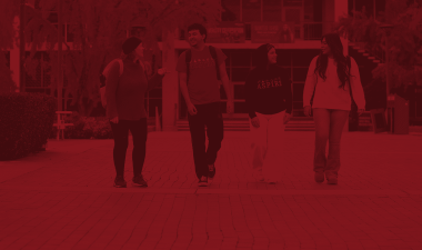 duotone image of students on campus