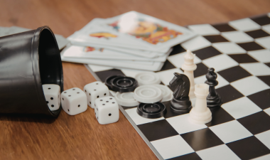 Chess board, dice, and cards