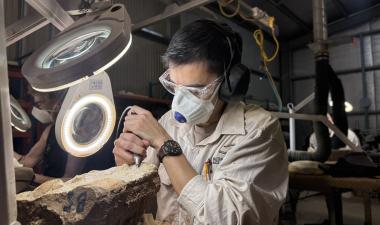 Sebastian Lara preparing a 110-million-year-old ichthyosaur fossil