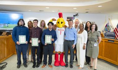 The Virtual Turlock team from Stan State posing with Titus and the Turlock City Council.