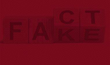 Dark red banner with a subtle diagonal pattern. On the right, the words “FACT” and “FAKE” appear in large overlapping letters within outlined boxes.