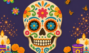A festive dia de los muertos skull surrounded by orange flowers and festive candles