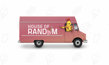 House of Random logo on truck with mascot, Titus, in cabin
