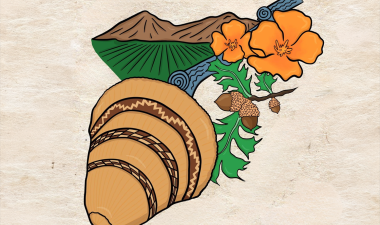 Illustration of a woven basket surrounded by orange flowers, green leaves, acorns, water and mountains