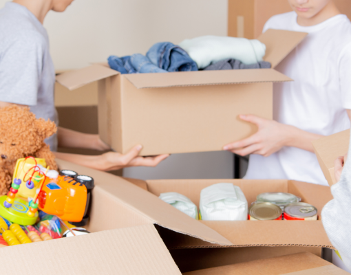 collection boxes for toys, clothes and food.