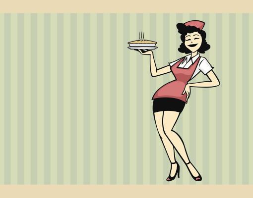 A waitress holds a pie in one hand with her other hand resting on her waist.