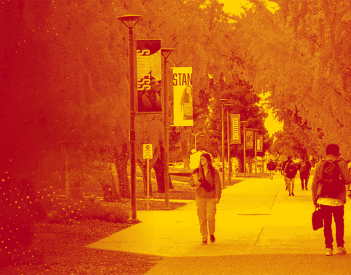 Color overlay on a scene of students walking on campus