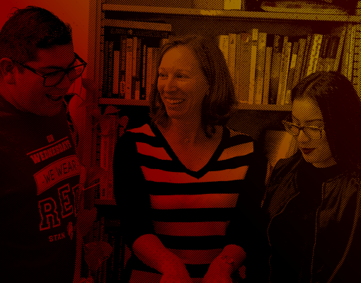 Students and faculty member with duotone color overlay.