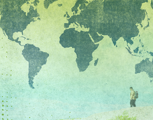 world map overlay on photo of student in Death Valley