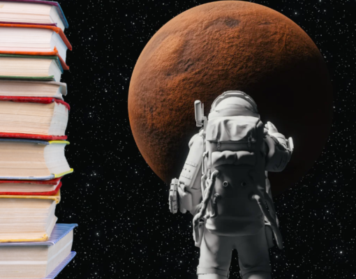 Stack of books next to an astronaut