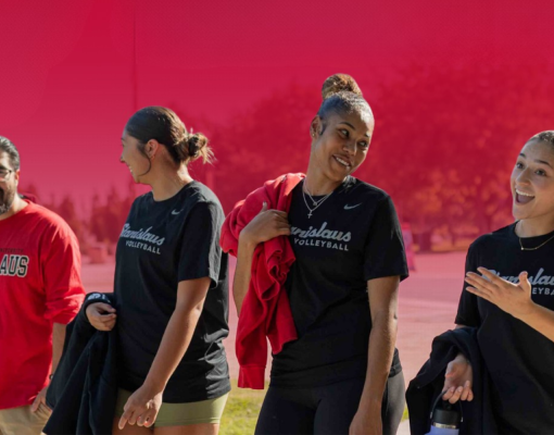 Students walking in Stan State merchandise