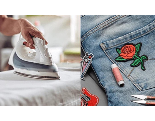 Person ironing a patch onto jeans