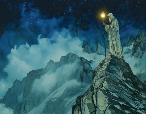 A robed person standing on top of a mountain