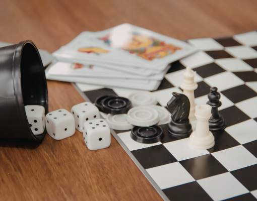 Chess board, dice, and cards
