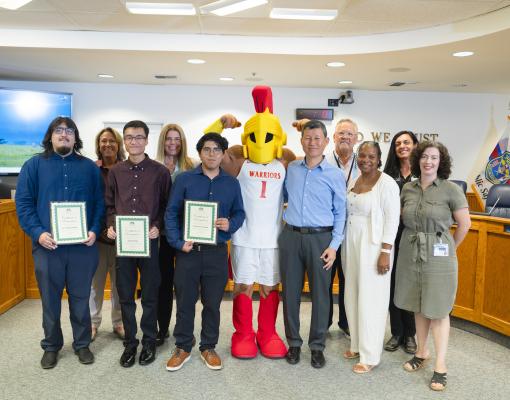 The Virtual Turlock team from Stan State posing with Titus and the Turlock City Council.