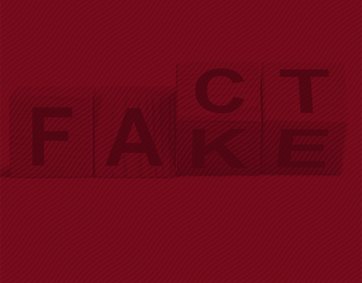 Dark red banner with a subtle diagonal pattern. On the right, the words “FACT” and “FAKE” appear in large overlapping letters within outlined boxes.