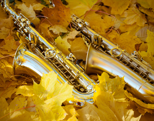Saxophones in fall leaves