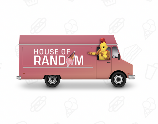 House of Random logo on truck with mascot, Titus, in cabin