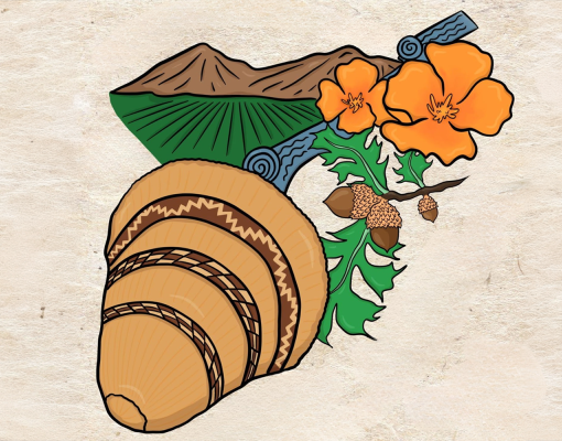 Illustration of a woven basket surrounded by orange flowers, green leaves, acorns, water and mountains
