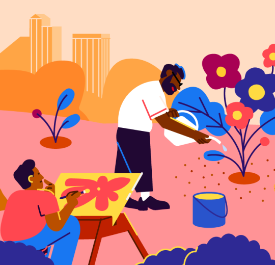 ilustración de una persona regando una planta y otra pintura