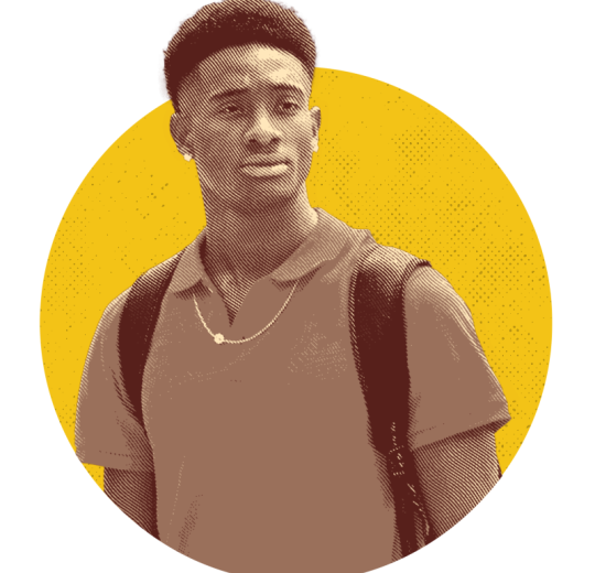Student in brown duotone with a yellow circle background