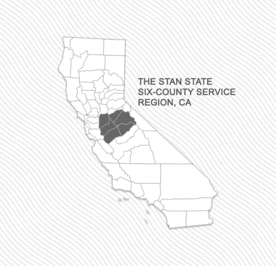 Map highlighting the Stan State six-county service region, CA