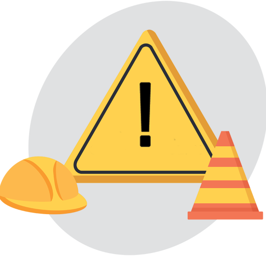 construction hat, caution symbol and safety cone.