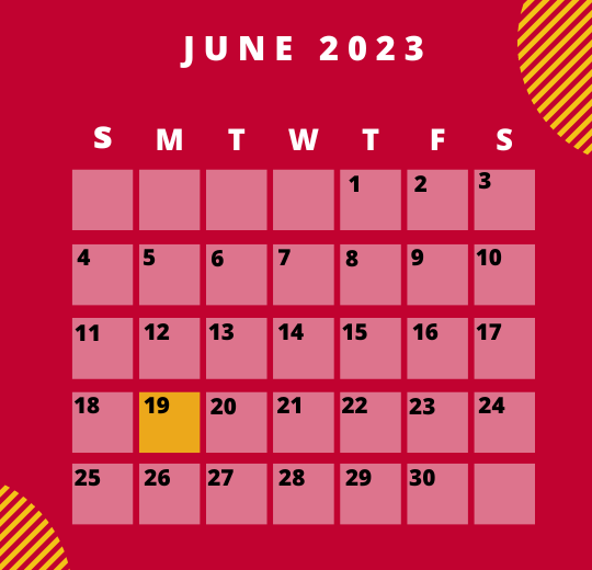 Calendar image for June 2023 that highlights the date 19 in Warrior Yellow.