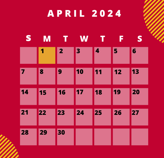 Calendar image for April 2024 that highlights the dates 1 in Warrior Yellow.