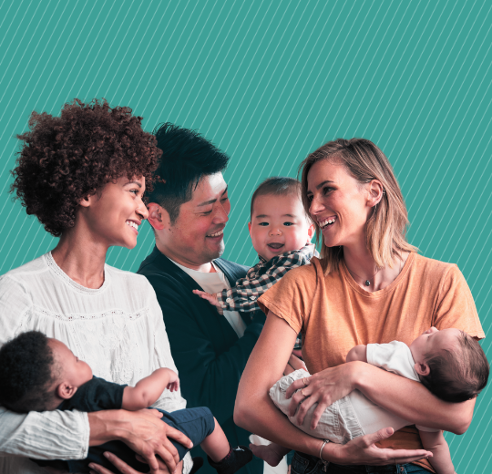image of three parents each with a baby all standing together.