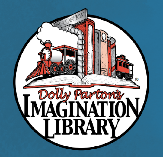 Logo for Dolly Parton's Imagination Library (includes an image of a train driving with books standing in the middle of the train). 
