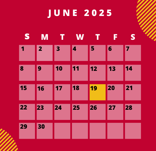 Calendar image for June 2025 that highlights the date 19 in Warrior Yellow.