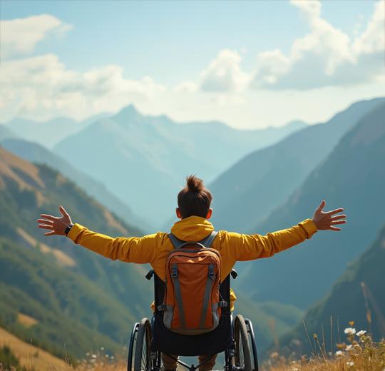 photo of person in wheelchair in front of mountain range