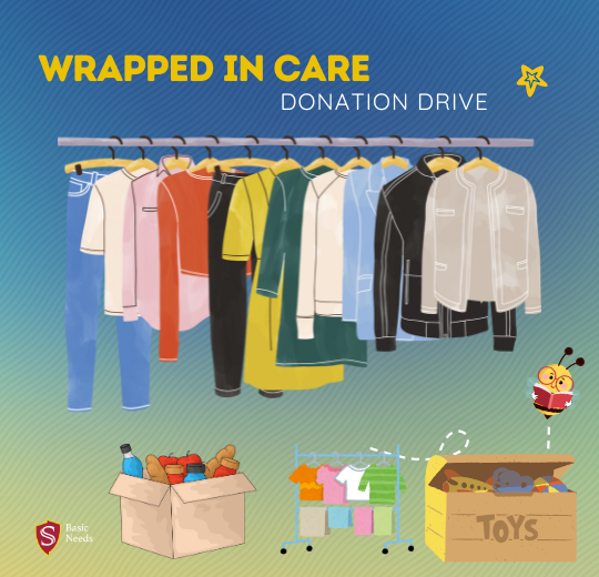 Clothing, food and toys on blue backdrop