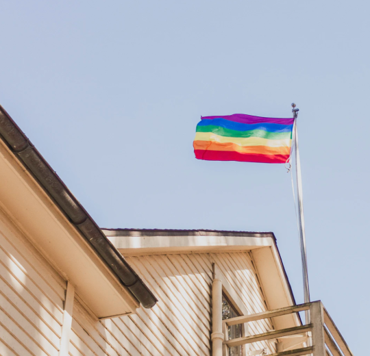 Pride flag waving over vuilding.