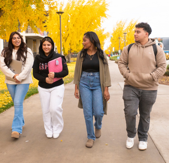 Four college students walk together along a campus pathway lined with bright yellow fall trees, talking and smiling while carrying notebooks and backpacks.