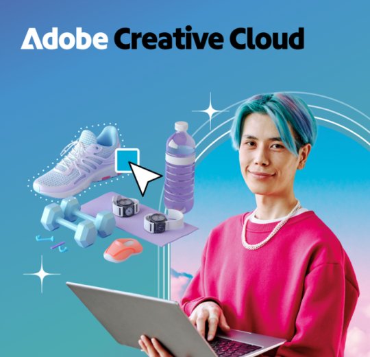 An Adobe Creative Cloud banner with an AI generated person using a laptop