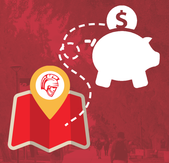 map with dotted line to piggy bank