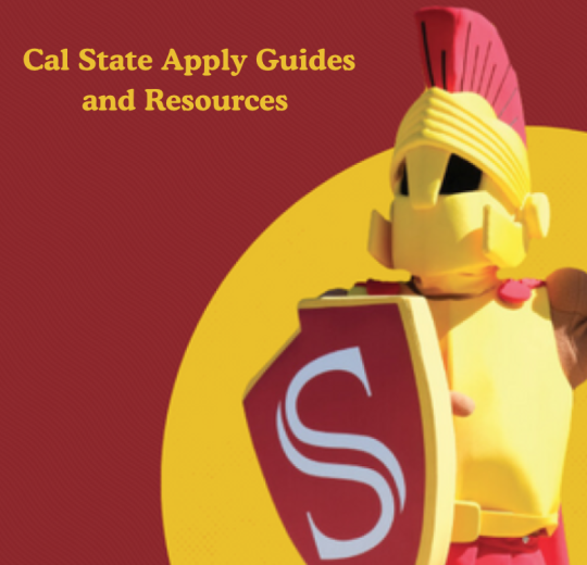 Titus holding a shield with title Cal State Apply Guides and Resources.