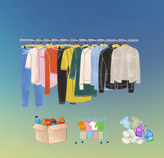 Illustrations of a clothing rack and bins of clothing