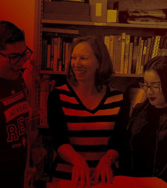 Students and faculty member with duotone color overlay.