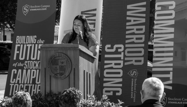 Catalina Di Somma speaking at Stockton Campus event