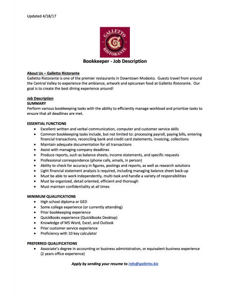 bookkeeper position