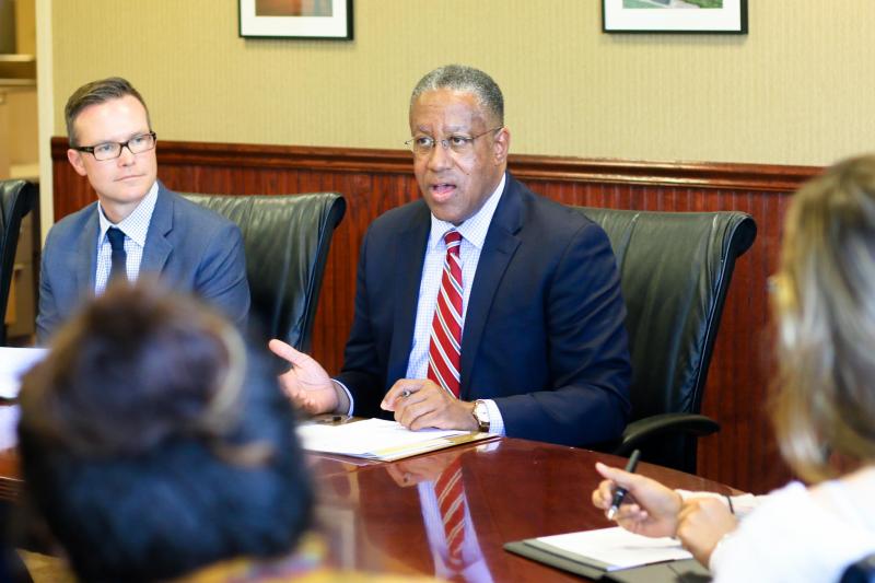 Stanislaus State administrators, faculty and student leaders met Oct. 24 with Loren J. Blanchard, executive vice chancellor of academic and student affairs for the California State University Chancellor’s Office. Dr. Blanchard’s visit to the Turlock campus included meetings with President Ellen Junn and her Cabinet. He also spent time with the Academic Affairs and Student Affairs leadership teams, as well as the Graduation Rate Excellence & Assessment Team (GREAT). A presentation on Stan State student research, led by Associate Professor of Biology Matthew Cover, ranged from digital facial reconstruction in anthropological finds, by grad student Melissa Leyva, to post-apocalyptic fiction’s treatment of females, by English major Monica Gudino. Susana Diaz, a grad student in social work, addressed Latina perspectives on genetic testing for cancer risk. Biology major Georget Oraha studies water penny beetles. Josephine Hazelton, a grad student in public administration, hopes to further gender equity in transportation. The visit included a campus tour and a meeting with Academic Senate Speaker of the Faculty Cathlin Davis. Student leaders of the Associate Students Inc. (ASI) and University Student Union (USU) spoke with Blanchard at the Student Union, which will soon begin construction on its makeover. The CSU Division of Academic and Student Affairs provides leadership and assistance to campuses in the areas of student success, faculty support and community engagement. Dr. Blanchard leads the CSU’s Graduation Initiative, which aims to increase student success.